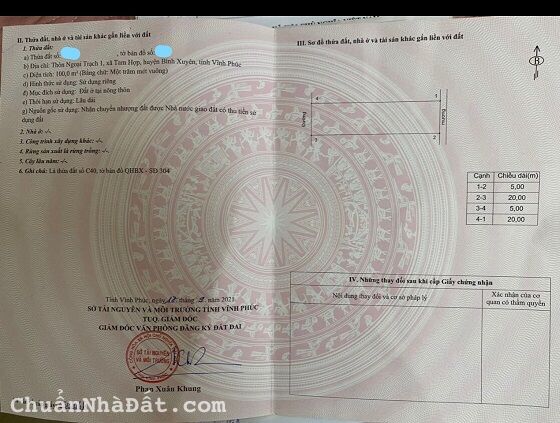 Bán gấp 100m2 đất phân lô Ngoại Trạch Tam Hợp Bình Xuyên, full thổ cư, vỉa hè, chỉ nhỉnh 1 tỷ.					