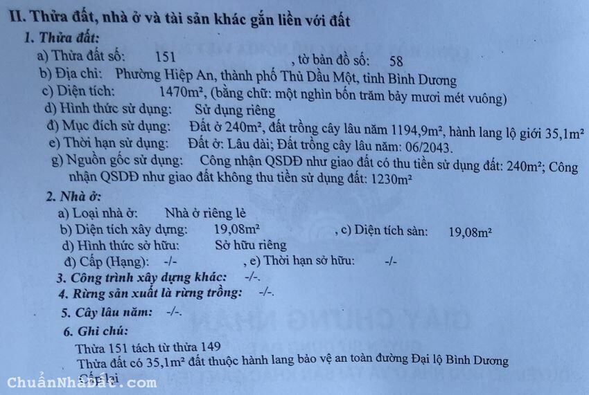 ĐẤT CHÍNH CHỦ MẶT TIỀN ĐẠI LỘ BÌNH DƯƠNG, PHƯỜNG HIỆP AN, TP.THỦ DẦU MỘT