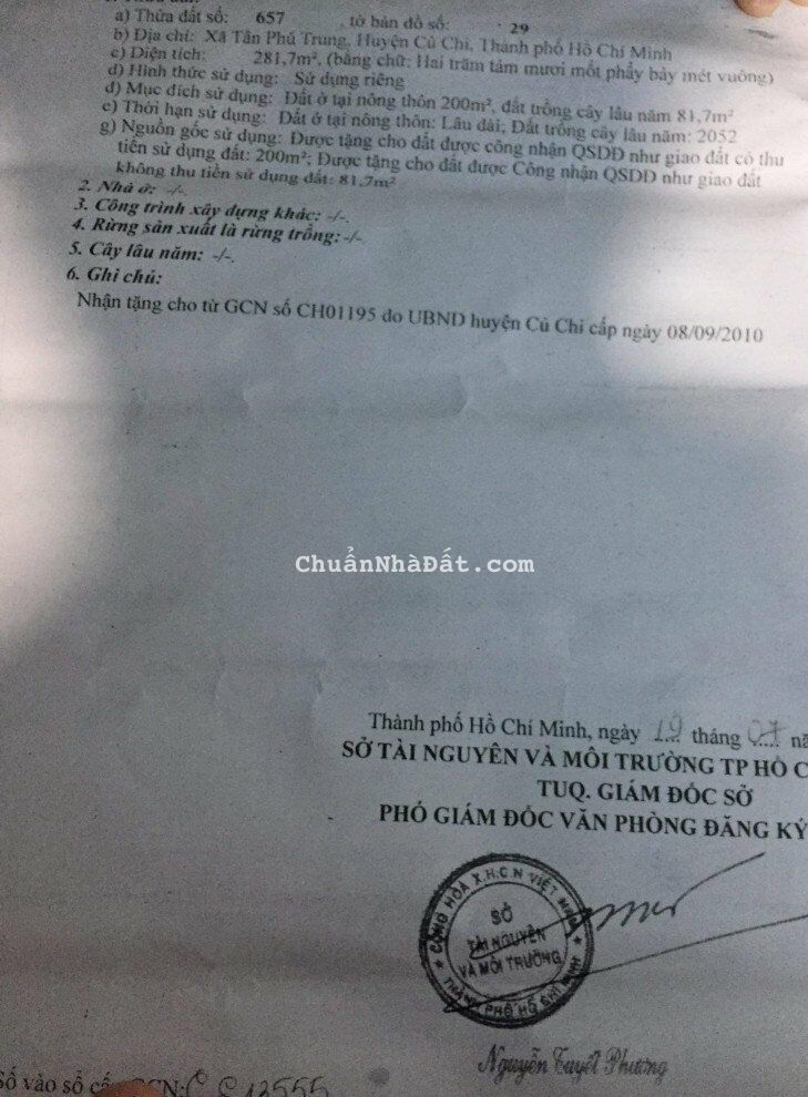 Bán đất ở thổ cư 281.7m² đường nhựa , Xã Tân Phú Trung, Củ Chi, giá 2.75ty