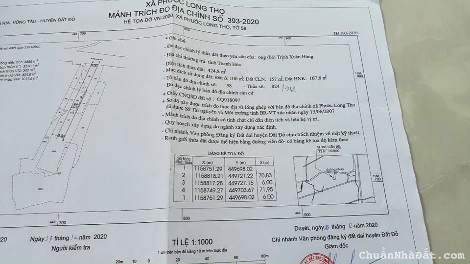 BÁN LÔ GÓC 2 MT ĐƯỜNG NGUYỄN HUỆ XÃ PHƯỚC LONG THỌ ĐẤT ĐỎ BRVT DT 767M2 CÓ SẴN 200M2 THỔ CƯ