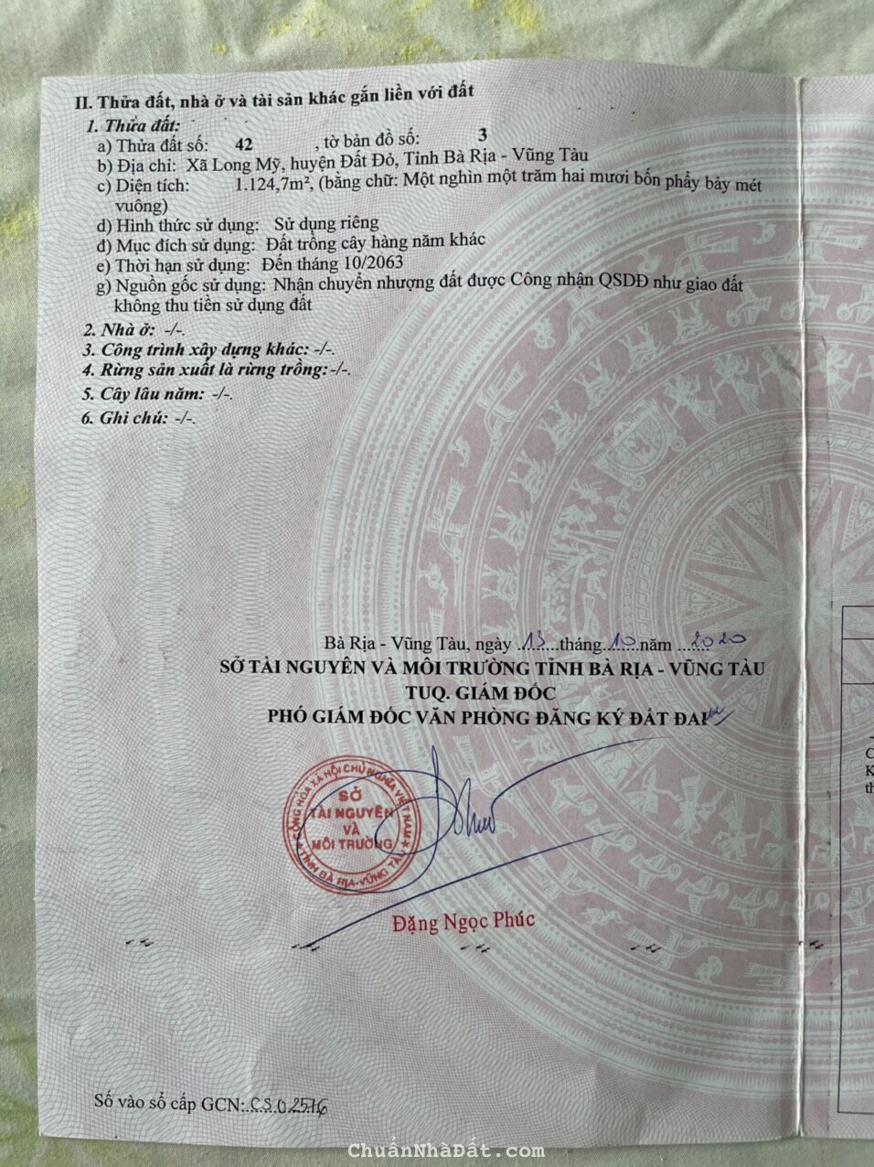 BÁN LÔ ĐẤT MT ĐƯỜNG NHỰA XÃ LONG MỸ ĐẤT ĐỎ BRVT DT 1124M2 